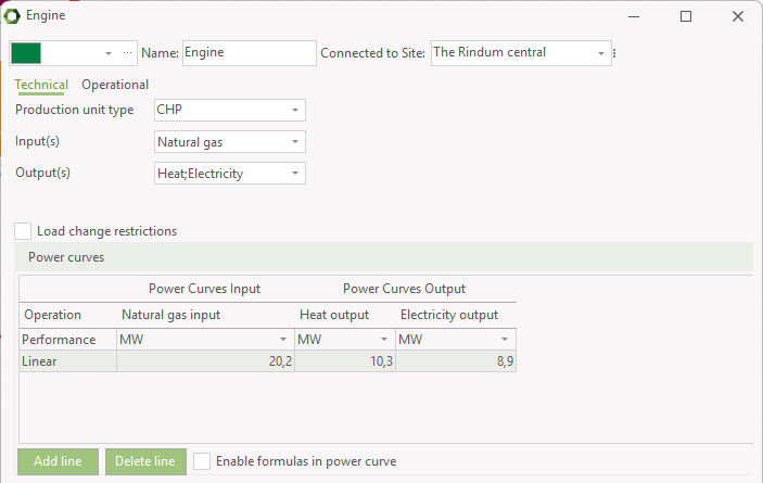 Production unit CHP example, technical tab