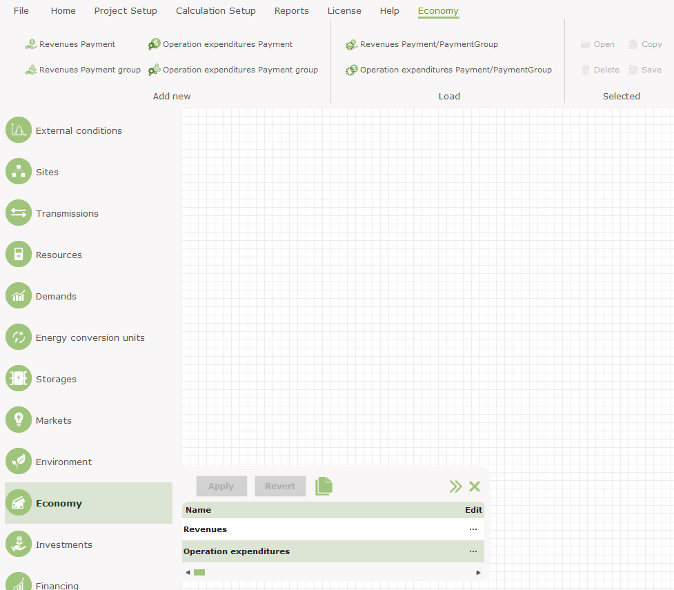 Adding payments or payment groups to revenues and operational expenditures