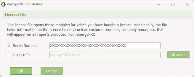 energyPRO registration Serial number and License file window