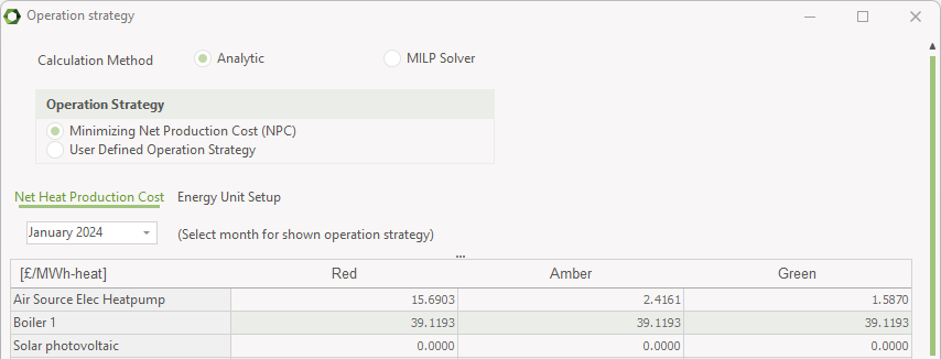 Operational strategy window showing the net heat production cost tab