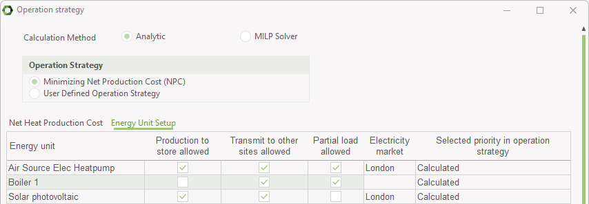 Operational strategy window showing the energy unit setup tab