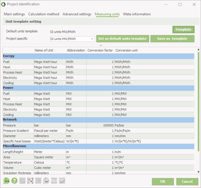 Measuring units settings