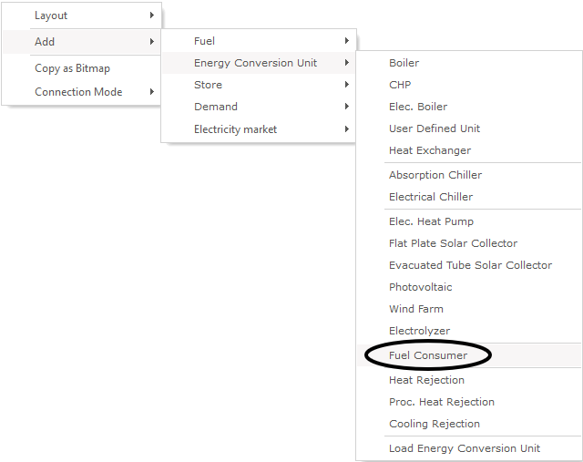 Accessing fuel consumer through the add energy conversion unit menu