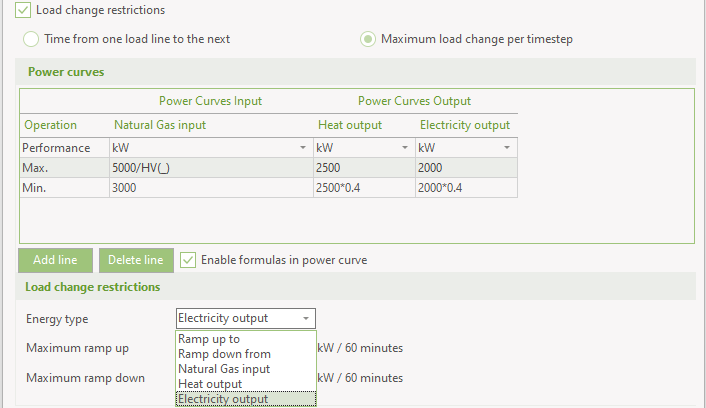 Maximum load change per timestep, selecting energy type