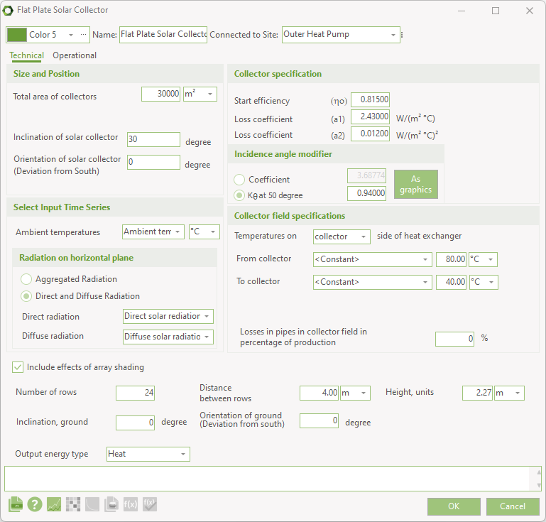 Flat plate solar collector editing window in energyPRO