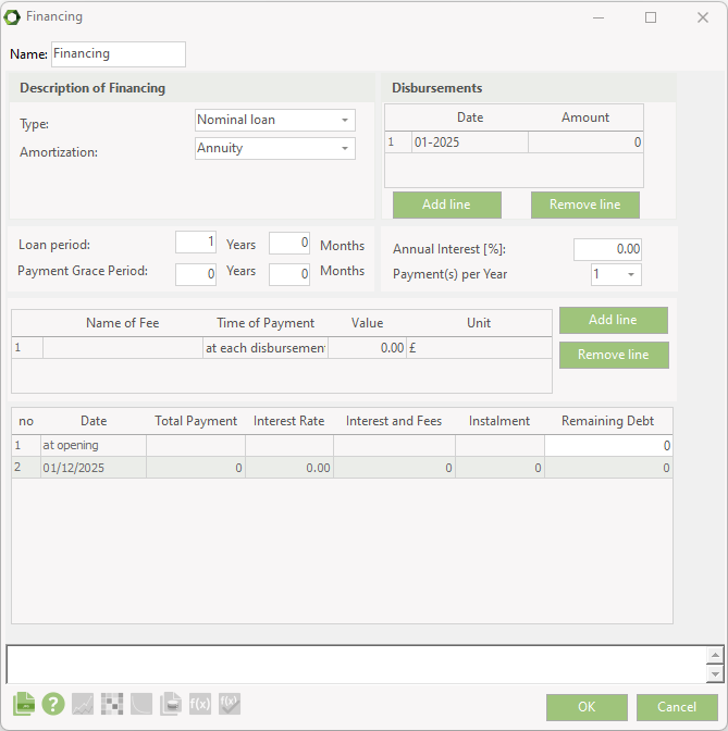 Financing default editing window