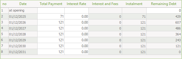 Payments table for used defined loan