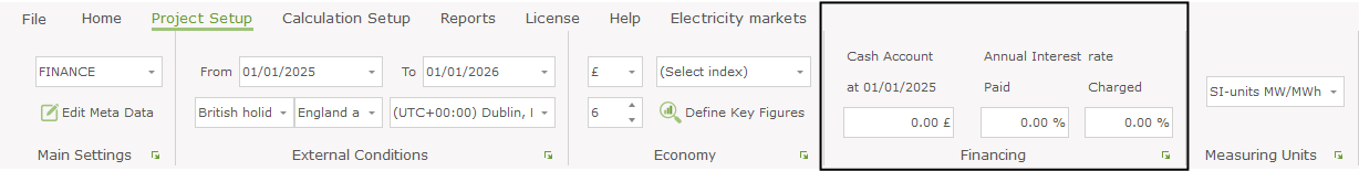 Financing cash account in the ribbon menu