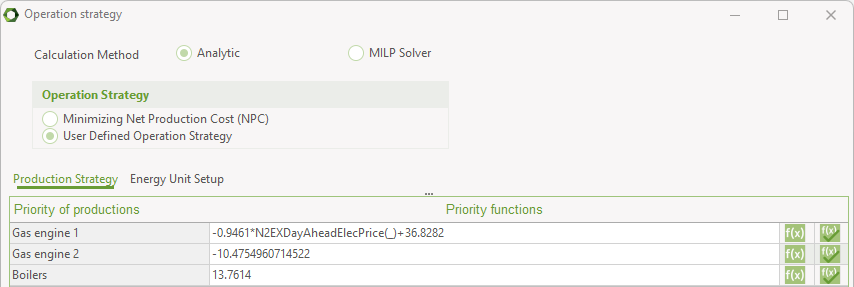 Operation strategy priority functions example with two gas engines and a boiler