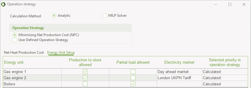 Unit setup tab for the calculated operation strategy above