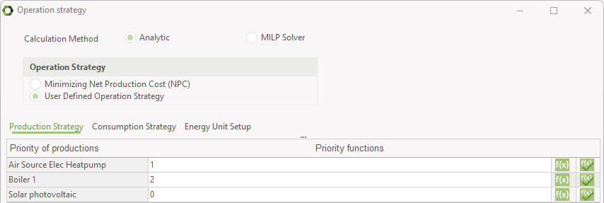 User defined operation strategy table with no electricity market