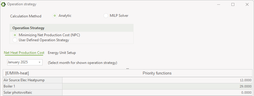 Minimising net heat production cost strategy table with no electricity market