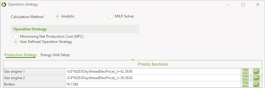 User defined operation strategy table with a day ahead electricity market