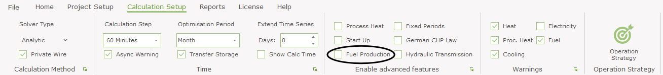 Automatic calculation of the operation strategy is not possible if the fuel producing units option are enabled