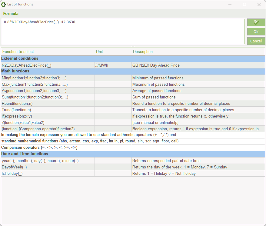 Example of list of functions available for setting priorities in user defined strategy