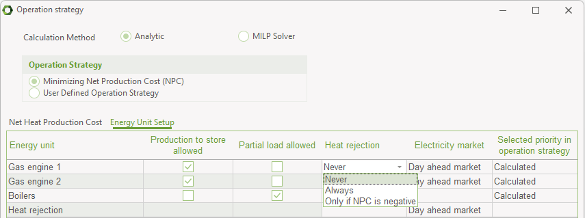 Heat rejection table layout in the Energy Unit Setup tab