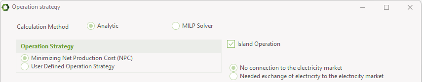 Island operation mode is visible in the upper right corner of the Operation Strategy when you have electricity demands in your project