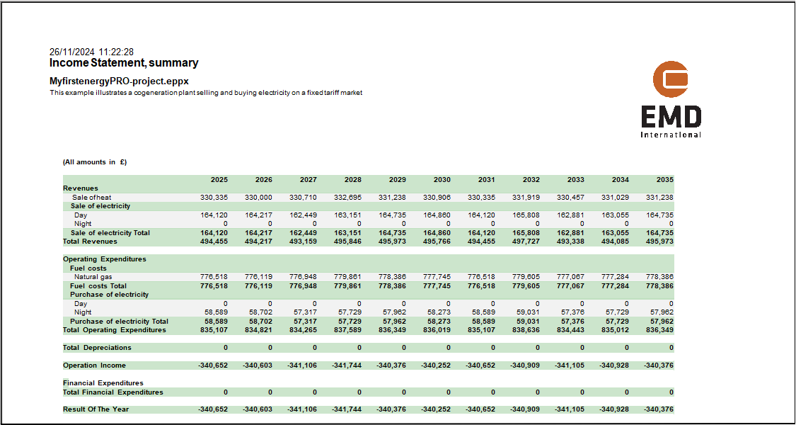 Income statement summary report