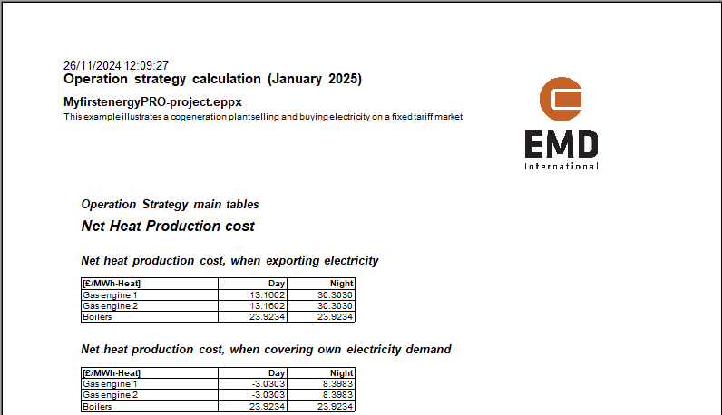 Operation strategy calculation with fixed tariff example