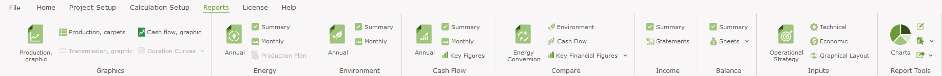 The Reports available in energyPRO with accounts module chosen, ribbon menu