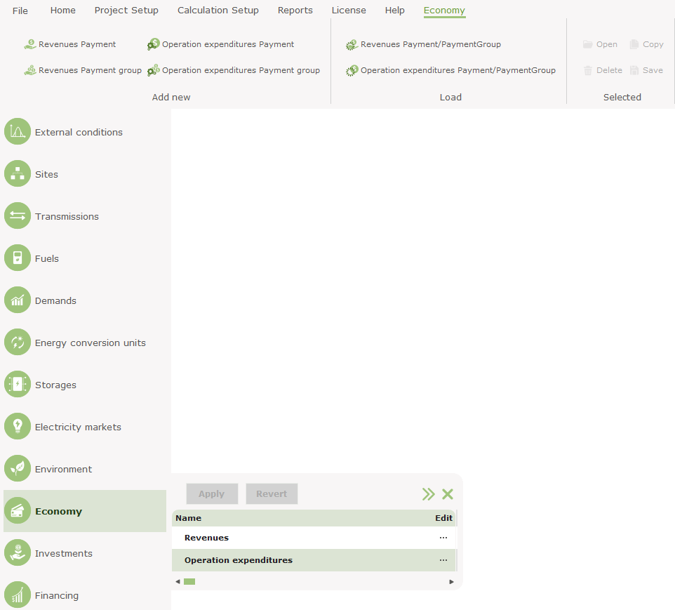 Adding payments or payment groups to revenues and operational expenditures